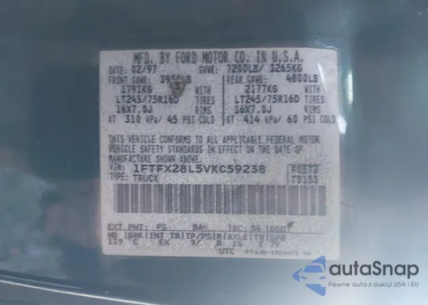 1997 Ford F-250 Lariat/Standard/Xl/Xlt из США, поврежденный, VIN 1FTFX28L5VKC59238